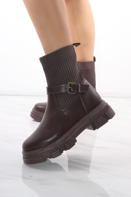 Brown Chunky Faux Leather Buckle Sock Boot