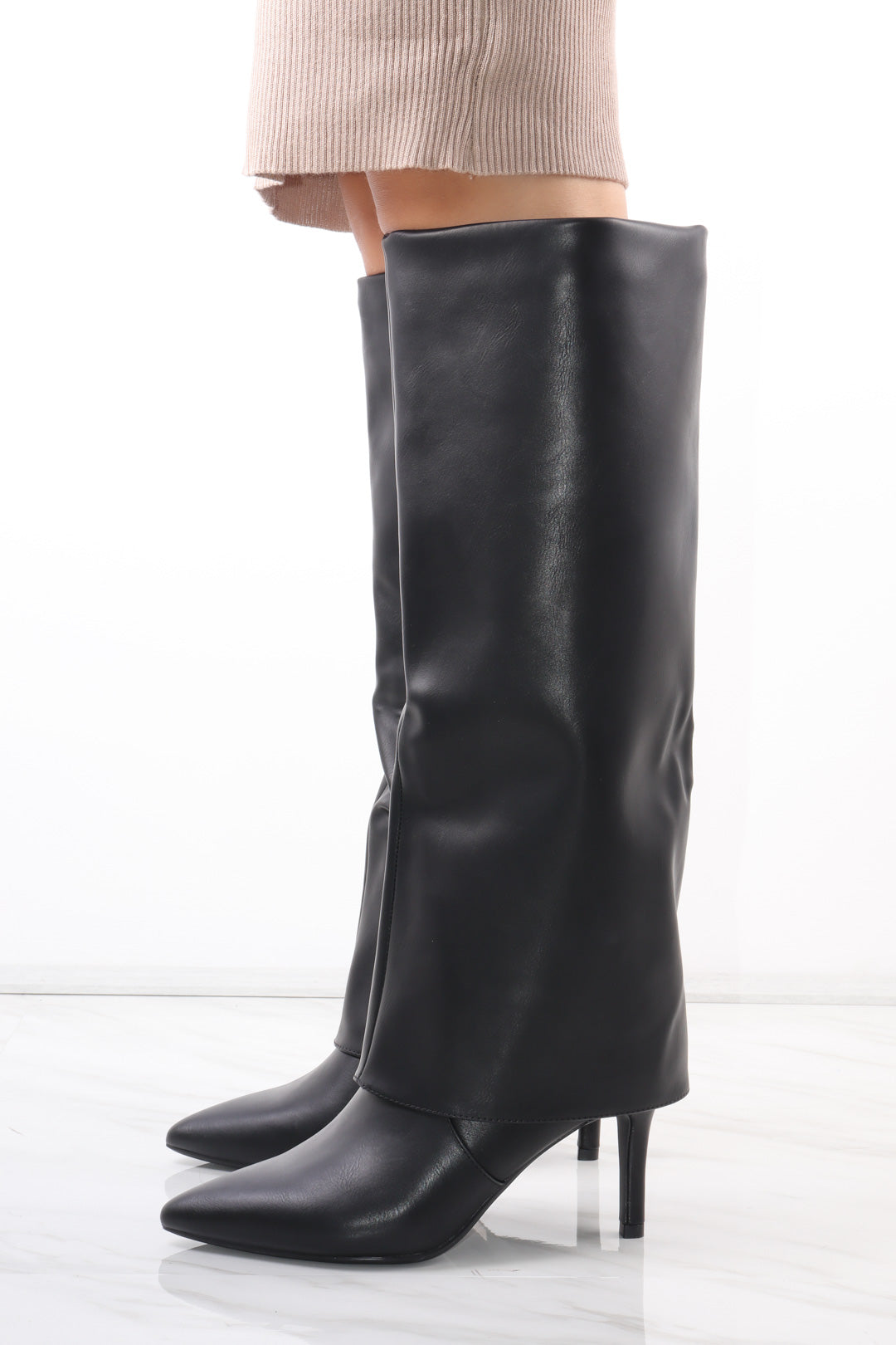 Black Stiletto Leather Fold Over Shark Buckle Knee High Boot