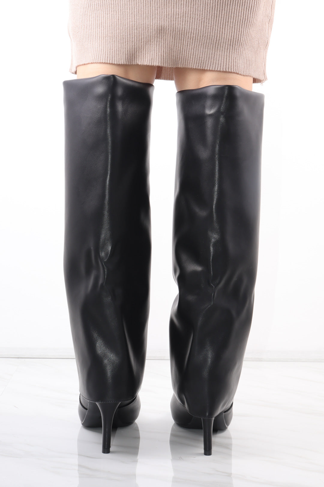 Black Stiletto Leather Fold Over Shark Buckle Knee High Boot