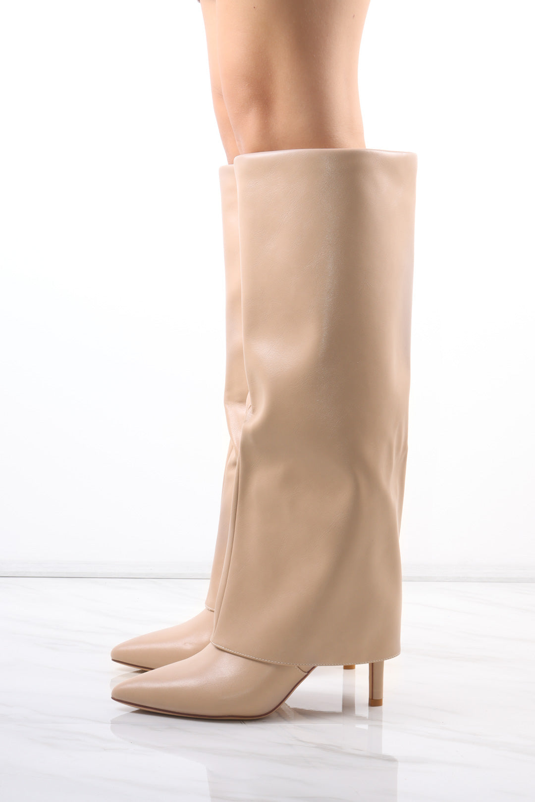Load image into Gallery viewer, Beige Stiletto Leather Fold Over Shark Buckle Knee High Boot
