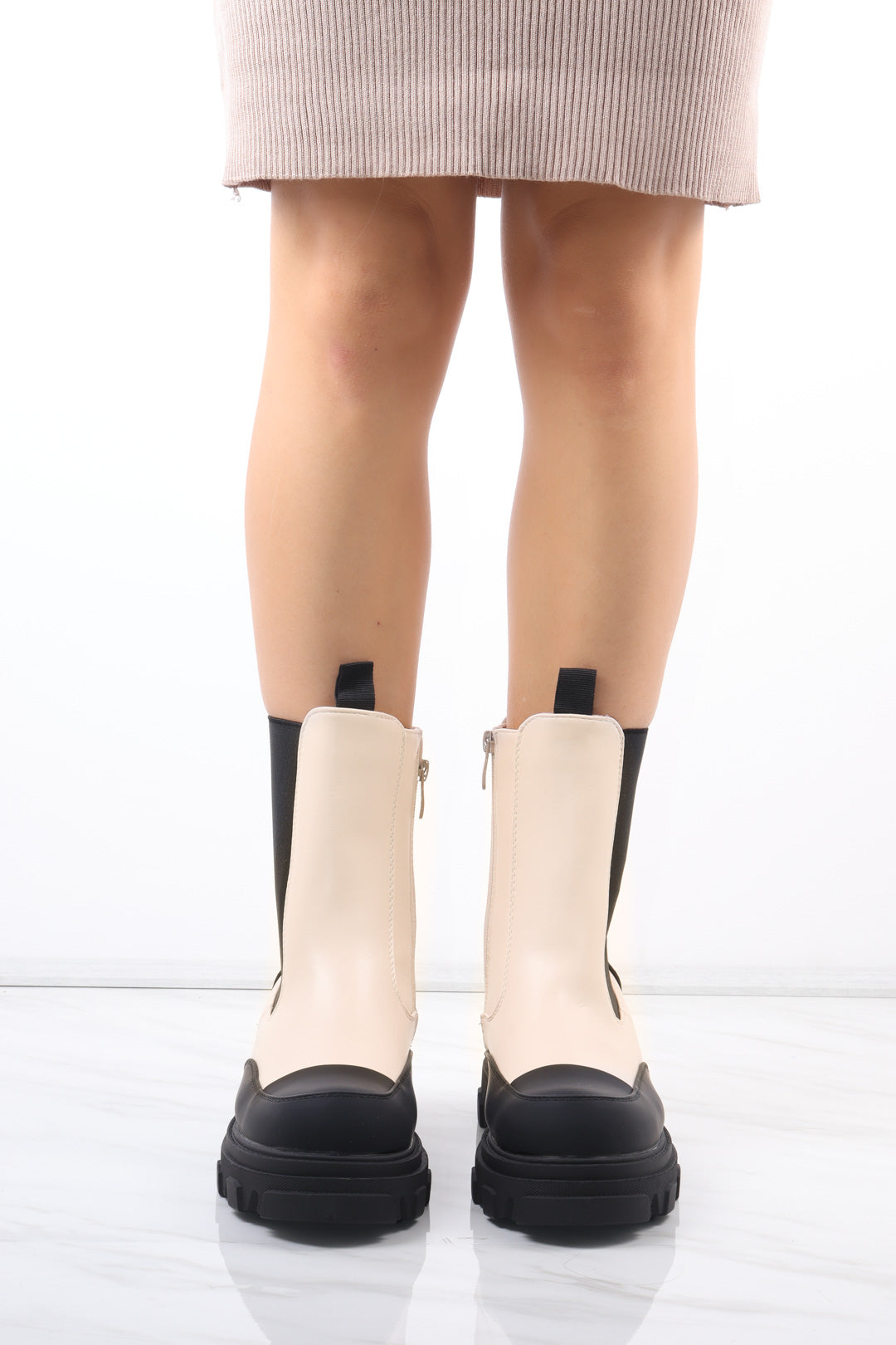 Cream/Black Calf Length Chunky Faux Leather Chelsea Boots