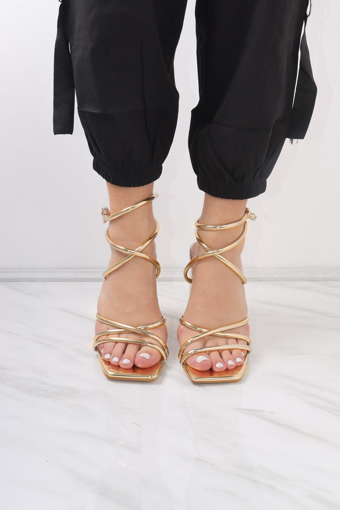 
            
                Load image into Gallery viewer, Metallic Gold Strappy Sandal Lace Up Heel
            
        