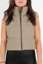Beige Cropped Faux Leather Puffer Gilet