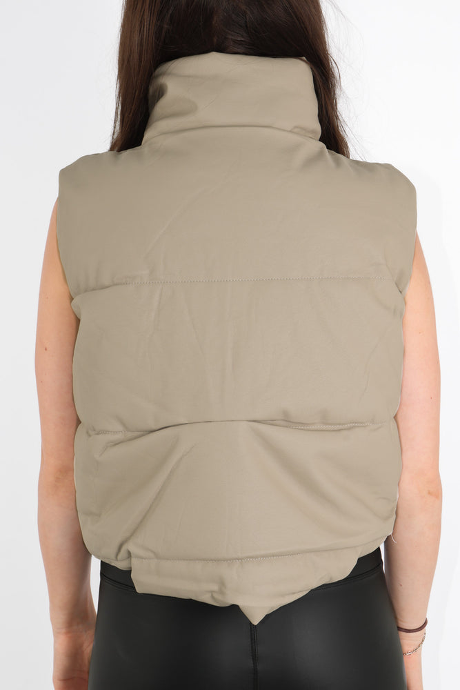 Beige Cropped Faux Leather Puffer Gilet