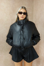 Black Cropped Faux Leather Puffer Jacket.
