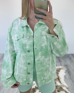 
            
                Load image into Gallery viewer, Oversized Tie Dye Denim Jacket in Green
            
        