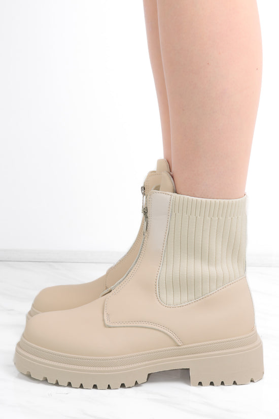 Beige Zip Front Faux Leather Chunky Ribbed Ankle Boot