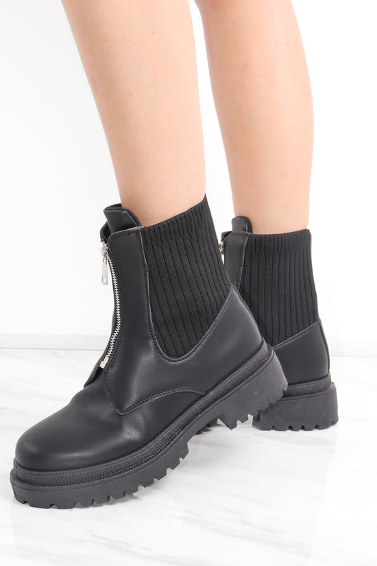 Black Zip Front Faux Leather Chunky Ribbed Ankle Boot