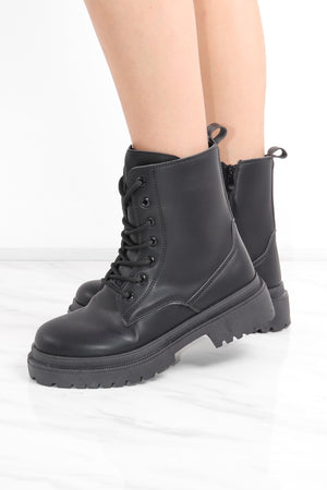 Black Chunky Lace Up Short Platform Ankle Boots