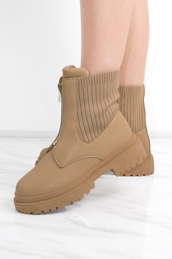Camel Zip Front faux Leather Chunky Ribbed Ankle Boot