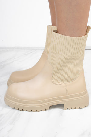 
            
                Load image into Gallery viewer, Beige Chunky Faux Leather Sock Boot
            
        