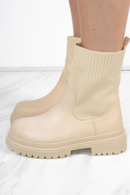 Beige Chunky Faux Leather Sock Boot