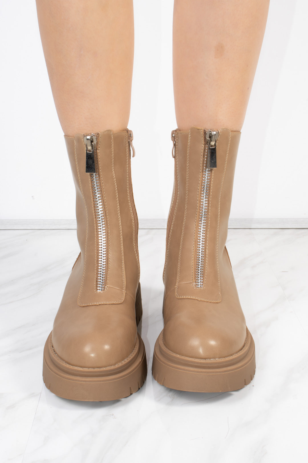 Taupe PU Double Cleated Sole Zip Front Ankle Boots