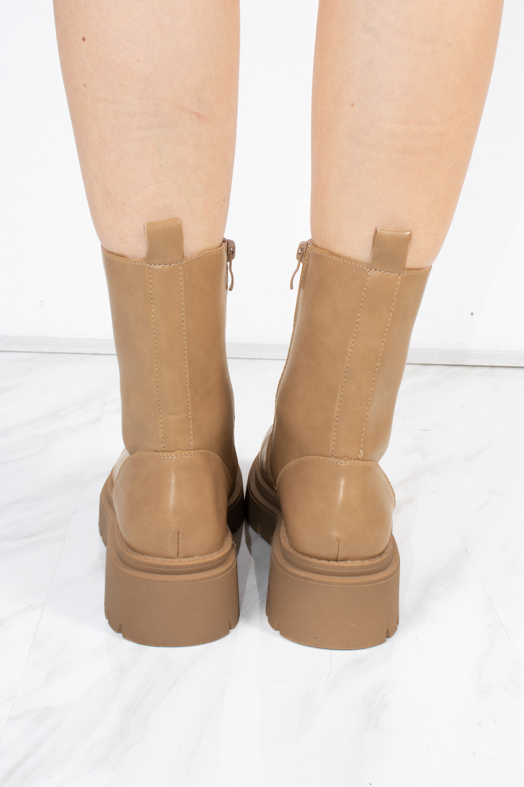 Taupe PU Double Cleated Sole Zip Front Ankle Boots