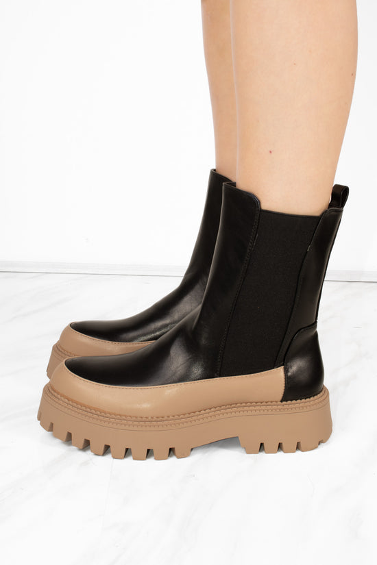 Chunky Sole Black And Camel Contrast Ankle Chelsea Boots