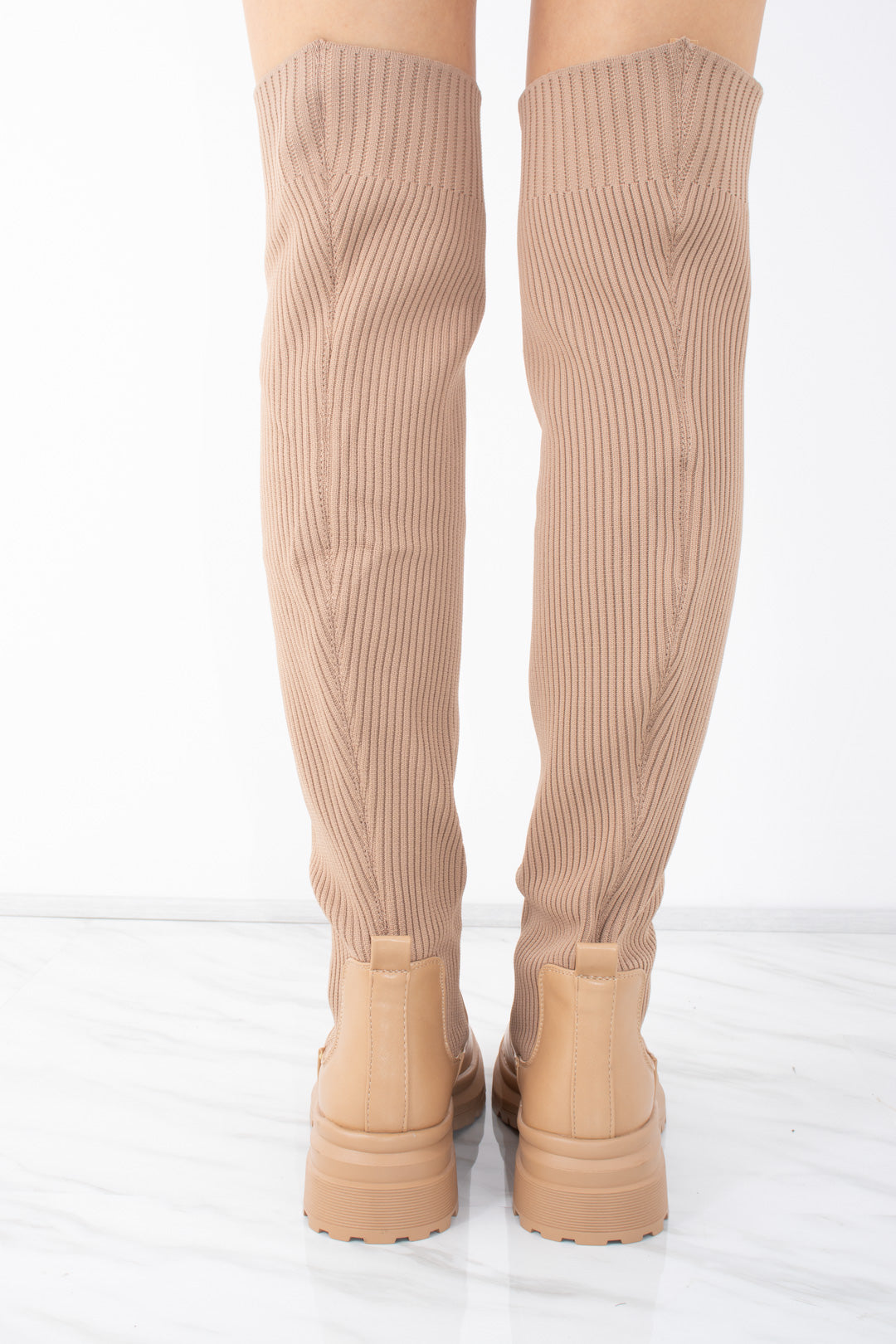 Camel Over the Knee Ribbed Sock Boot