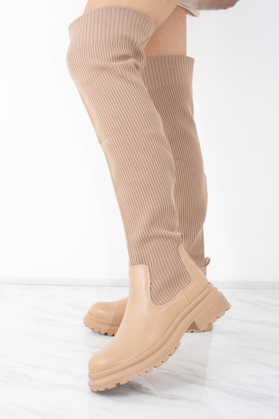 Camel Over the Knee Ribbed Sock Boot