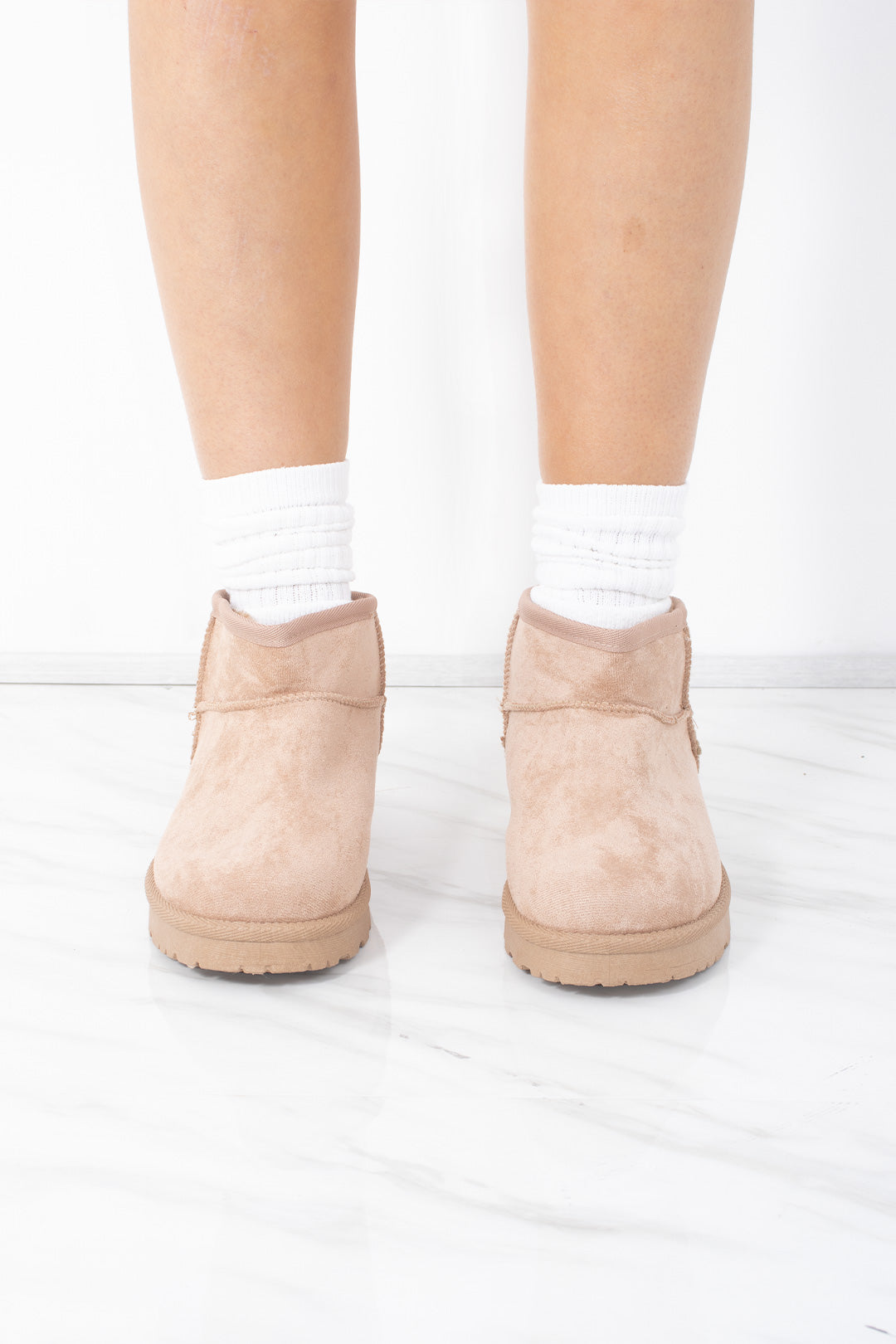 Ultra Mini Ankle Length Faux Fur Lining Boots In Beige Faux Suede