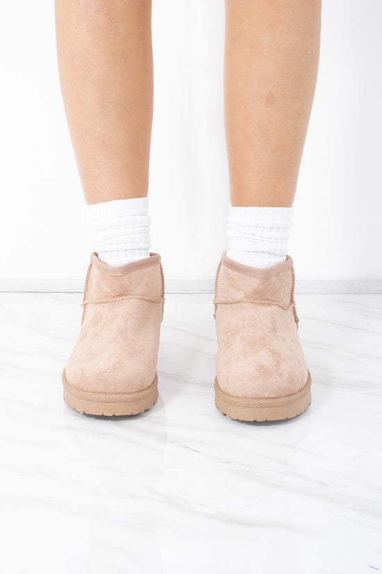 Ultra Mini Ankle Length Faux Fur Lining Boots In Beige Faux Suede