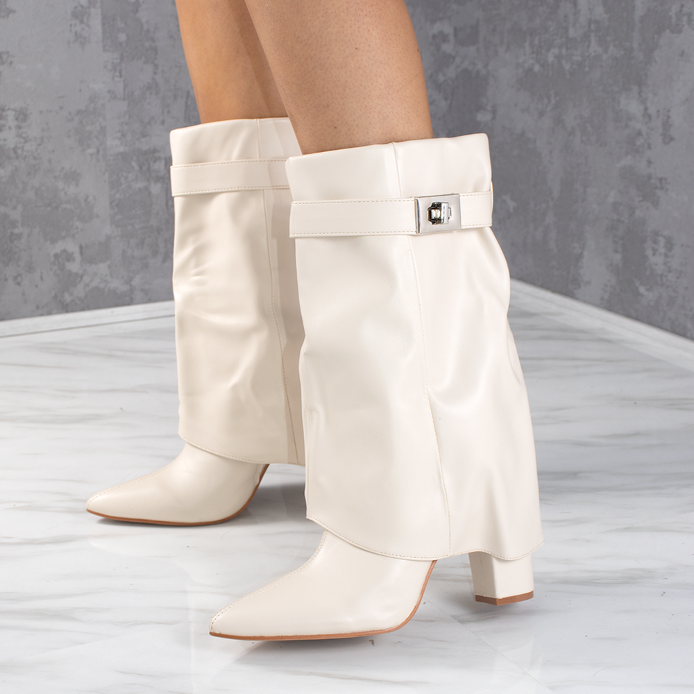 Cream Faux Leather Fold Over Buckle Shark Boot Mid