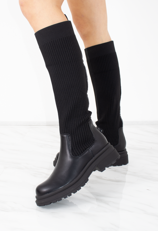 Black Ribbed Knee High Sock Boot With Leather Detail