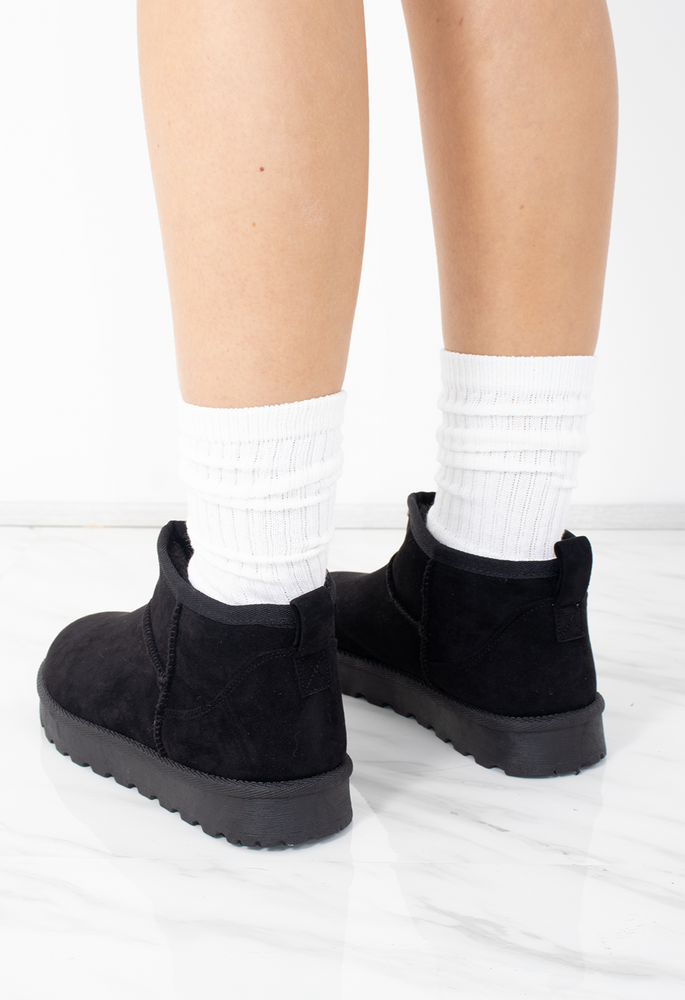 
            
                Load image into Gallery viewer, Ultra Mini Ankle Length Faux Fur Lining Boots In Black Faux Suede
            
        