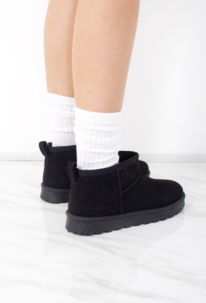 
            
                Load image into Gallery viewer, Ultra Mini Ankle Length Faux Fur Lining Boots In Black Faux Suede
            
        