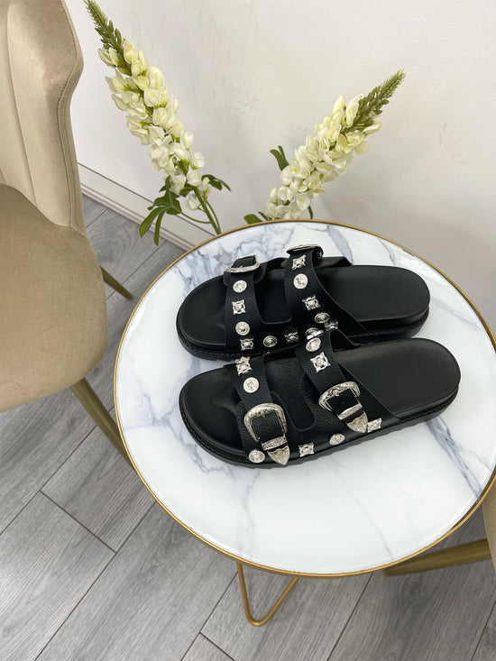 Load image into Gallery viewer, Black Studded Western Buckle Slides
