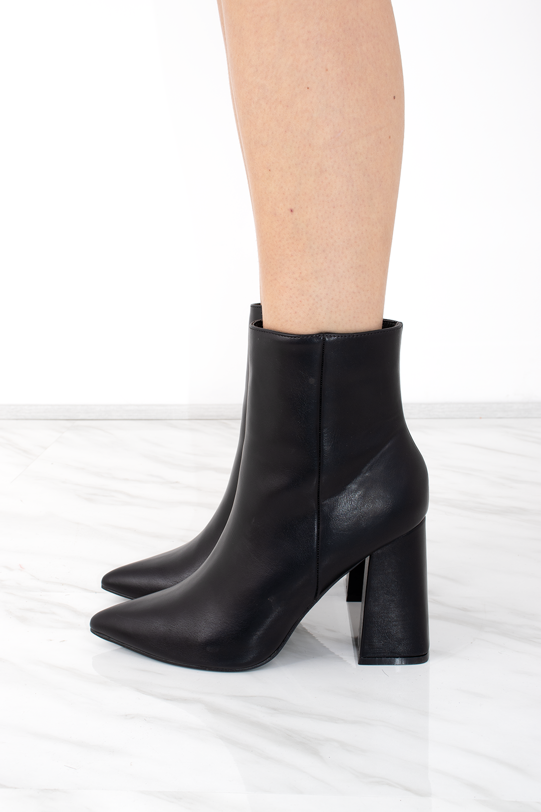 Black Pointed Toe Faux Leather Block Heel Ankle Boot