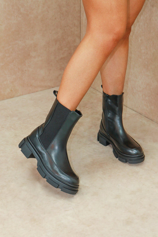 MADDIE Black Chunky Sole Calf High Chelsea Boots.