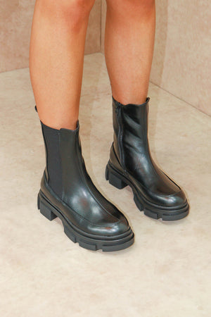 MADDIE Black Chunky Sole Calf High Chelsea Boots.