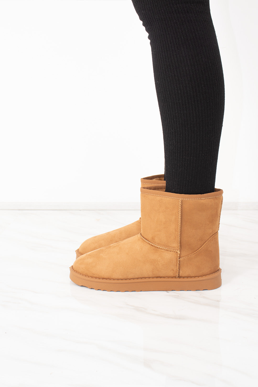 Camel Faux Suede Fur Lined Mini Ankle Boots