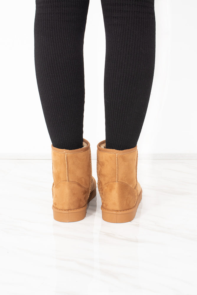 
            
                Load image into Gallery viewer, Camel Faux Suede Fur Lined Mini Ankle Boots
            
        