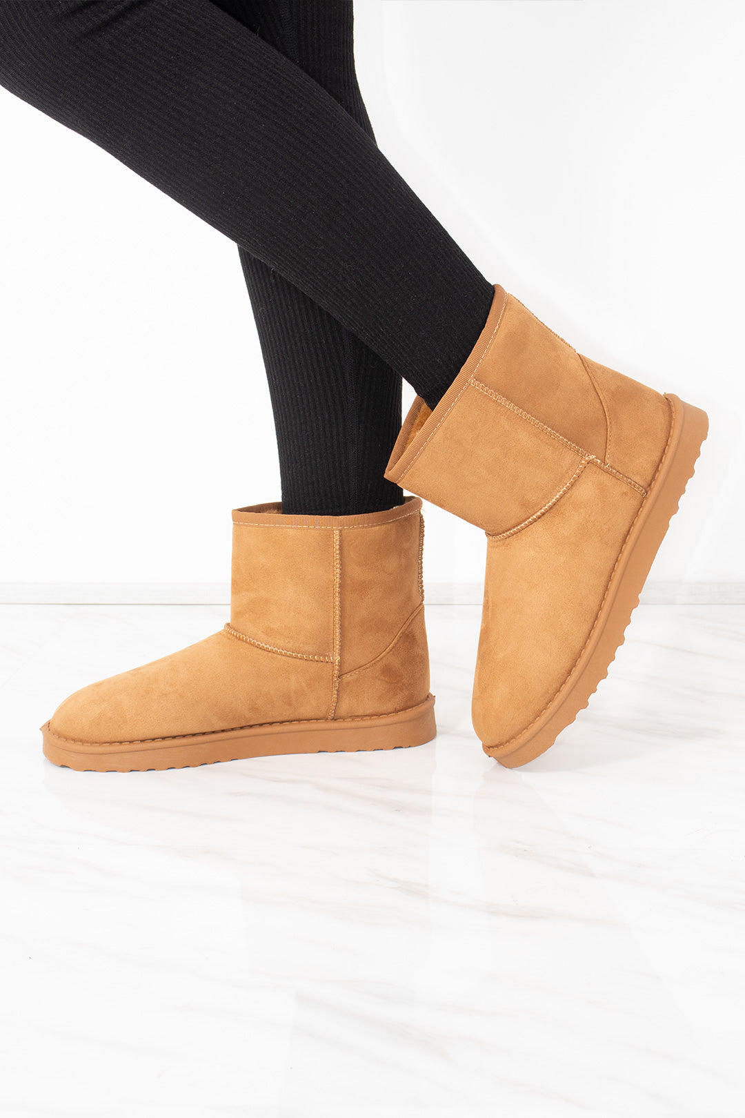 Camel Faux Suede Fur Lined Mini Ankle Boots