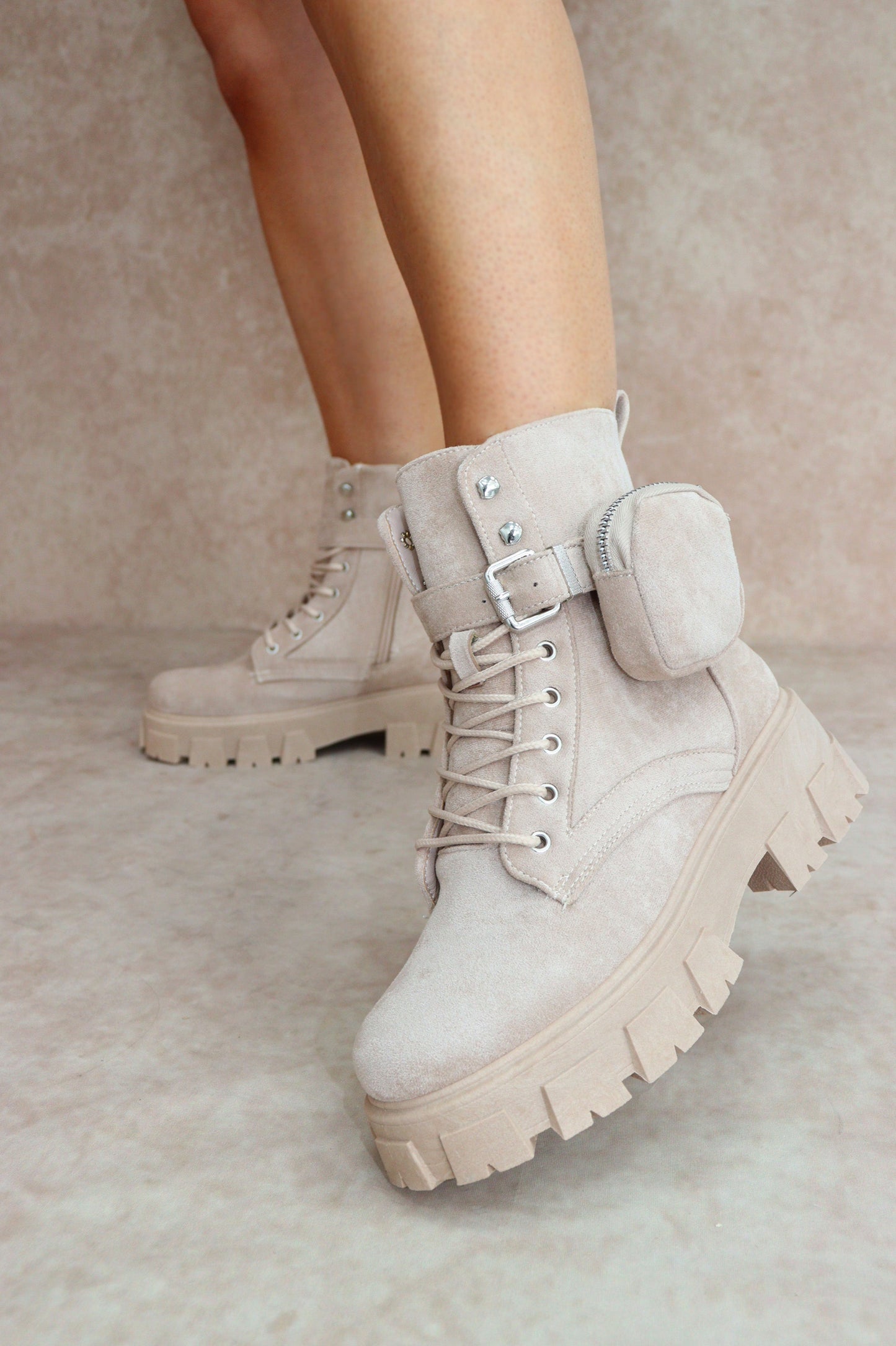 CIARA Beige Faux Suede Ankle Boot With Pocket Detail