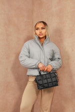 Grey Cropped Faux Leather Look Puffer Jacket