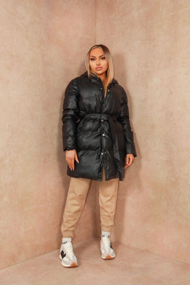 
            
                Load image into Gallery viewer, Black Faux Leather Tie Oversized Midi Length Puffer Jacket
            
        