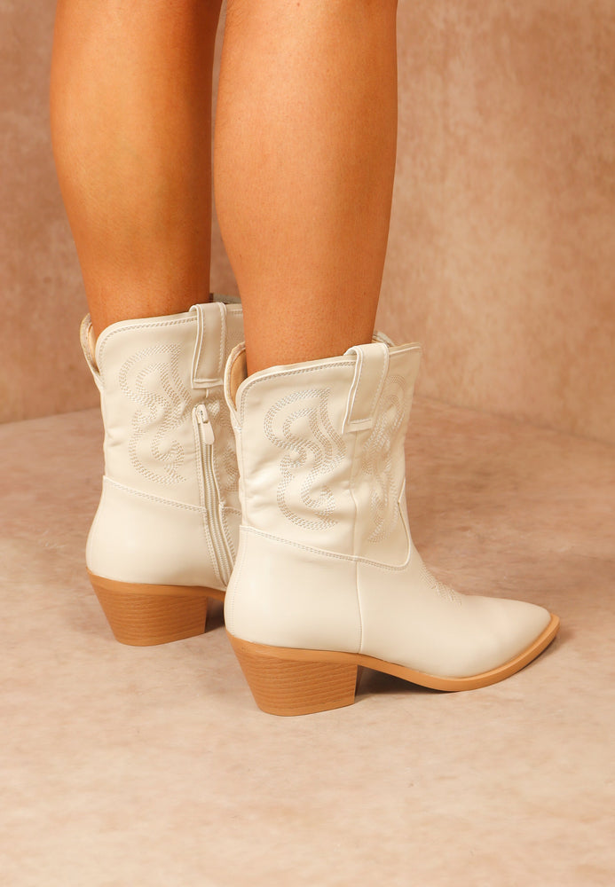Cream PU Faux Leather Ankle length Cowboy Boot