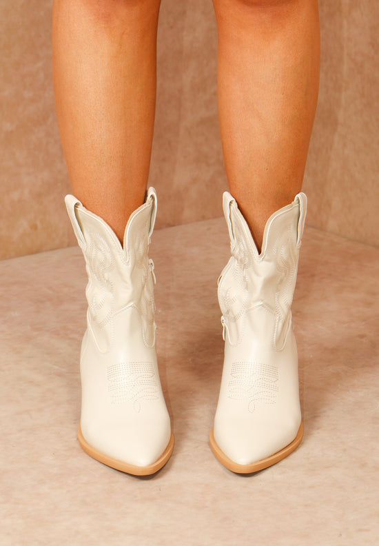 Load image into Gallery viewer, Cream PU Faux Leather Ankle length Cowboy Boot
