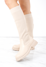 Beige Ribbed Knee High Sock Boot With Leather Detail