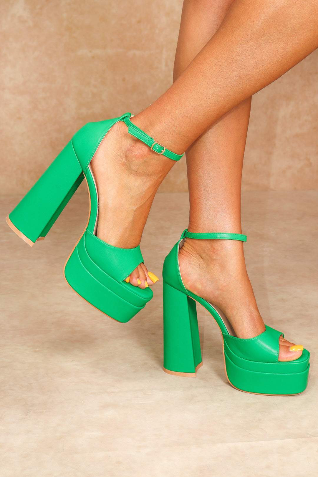 Green Faux Leather Peep Toe Platform Block Heel With Ankle Strap