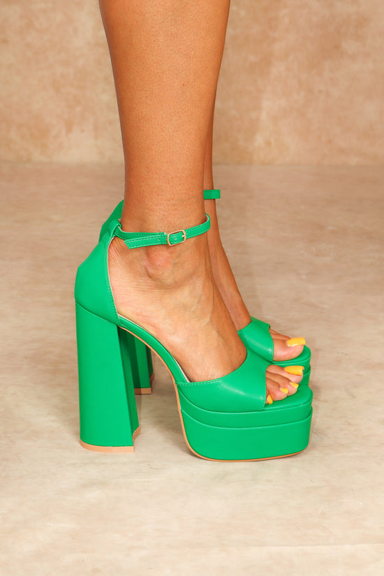 Green Faux Leather Peep Toe Platform Block Heel With Ankle Strap