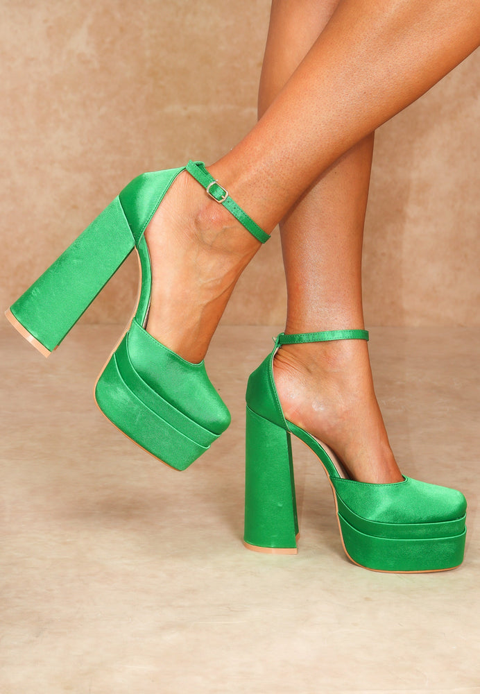 Green Satin Platform Block Heel With Ankle Strap