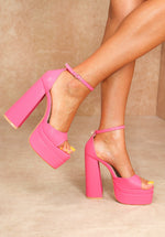 Pink Faux Leather Peep Toe Platform Block Heel With Ankle Strap