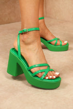 Green Faux Leather Strappy Platform Heels