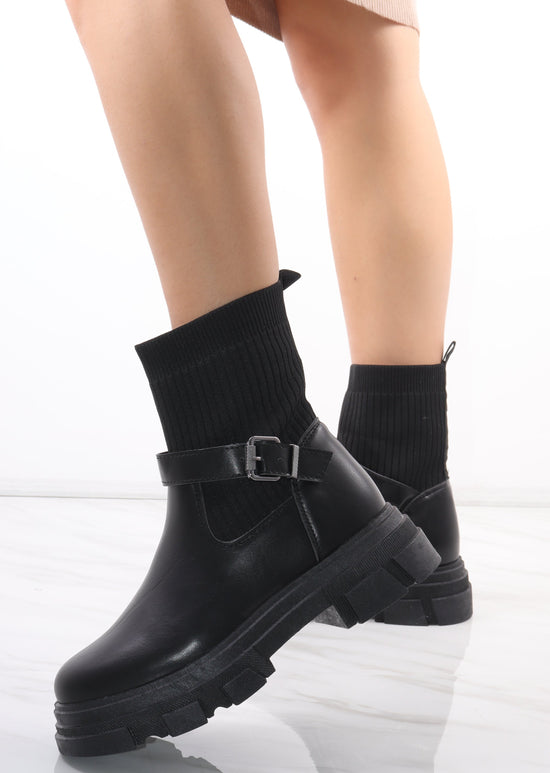 Black Chunky Faux Leather Buckle Sock Boot