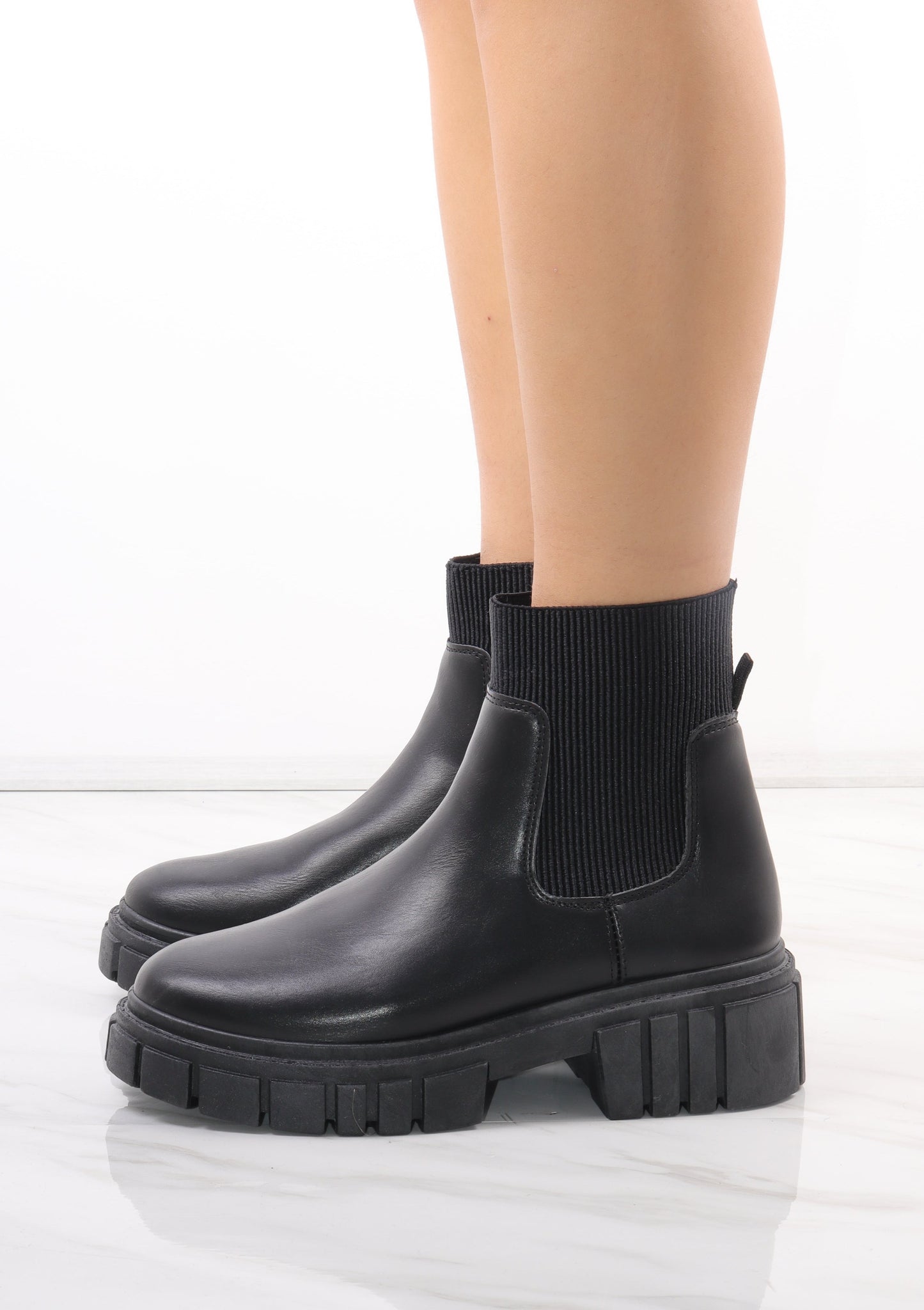 Black Platform Slip On Faux Leather Sock Boot