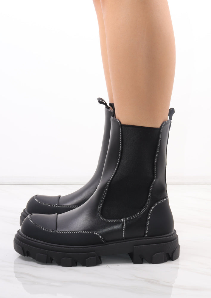 Black Calf Length Chunky Faux Leather Chelsea Boots