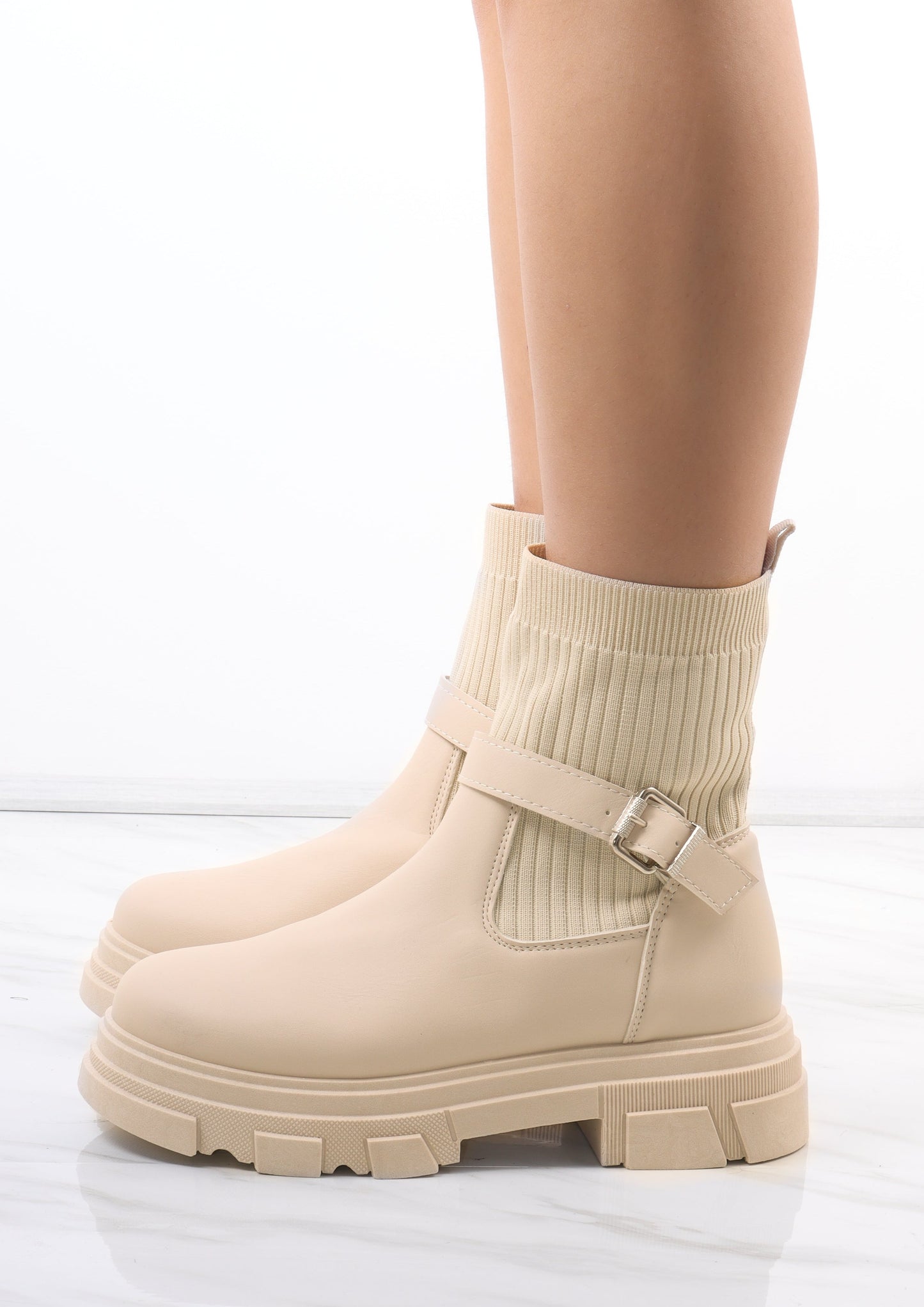 Cream Chunky Faux Leather Buckle Sock Boot