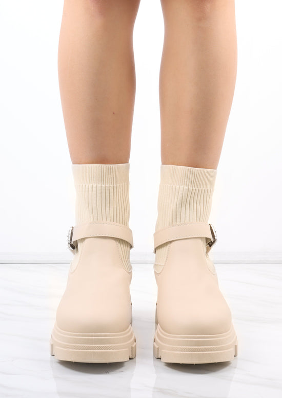 Cream Chunky Faux Leather Buckle Sock Boot